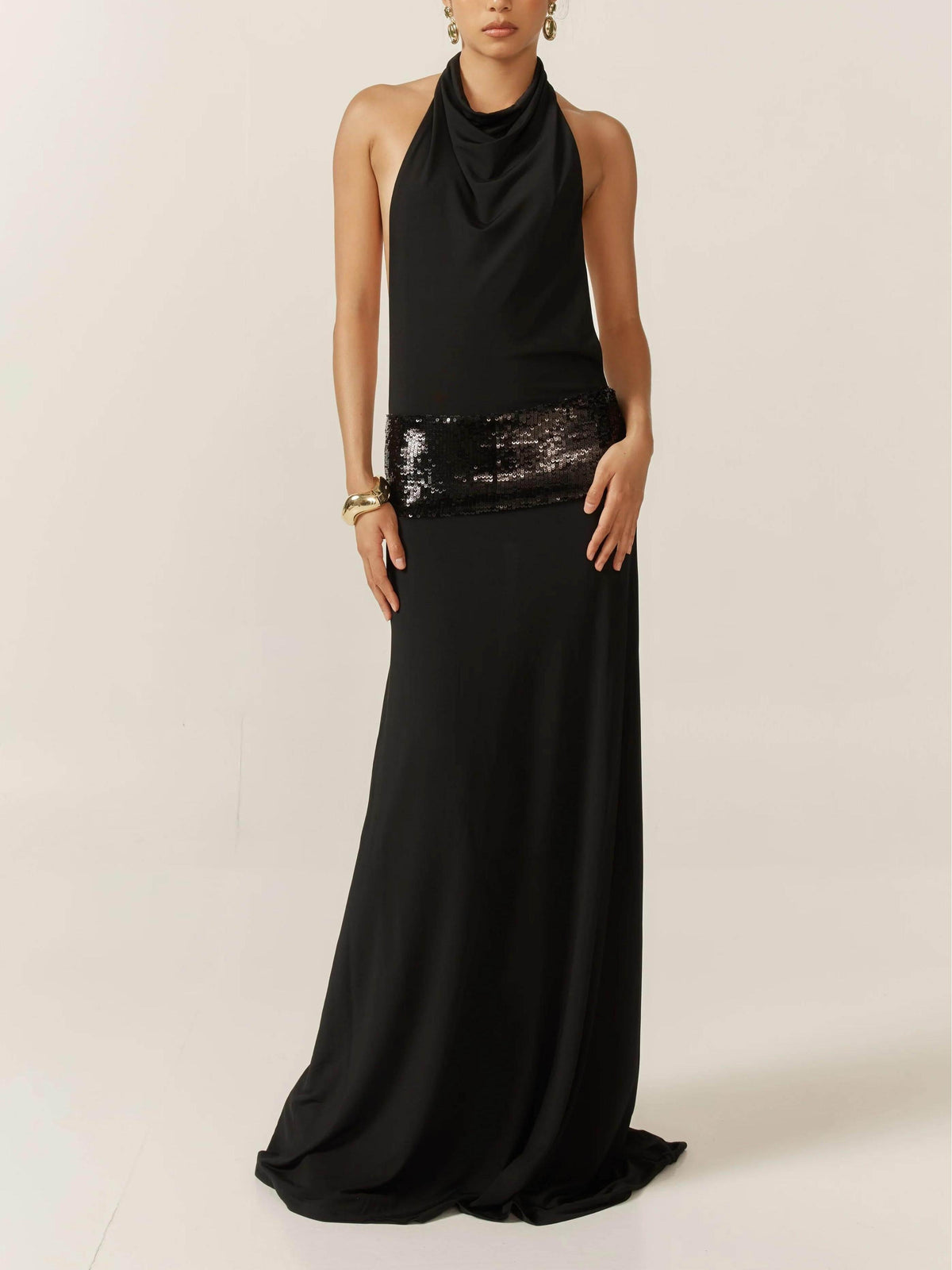 Halter Cowl Neck Backless Sequin Band Dropped Waist Maxi Gown