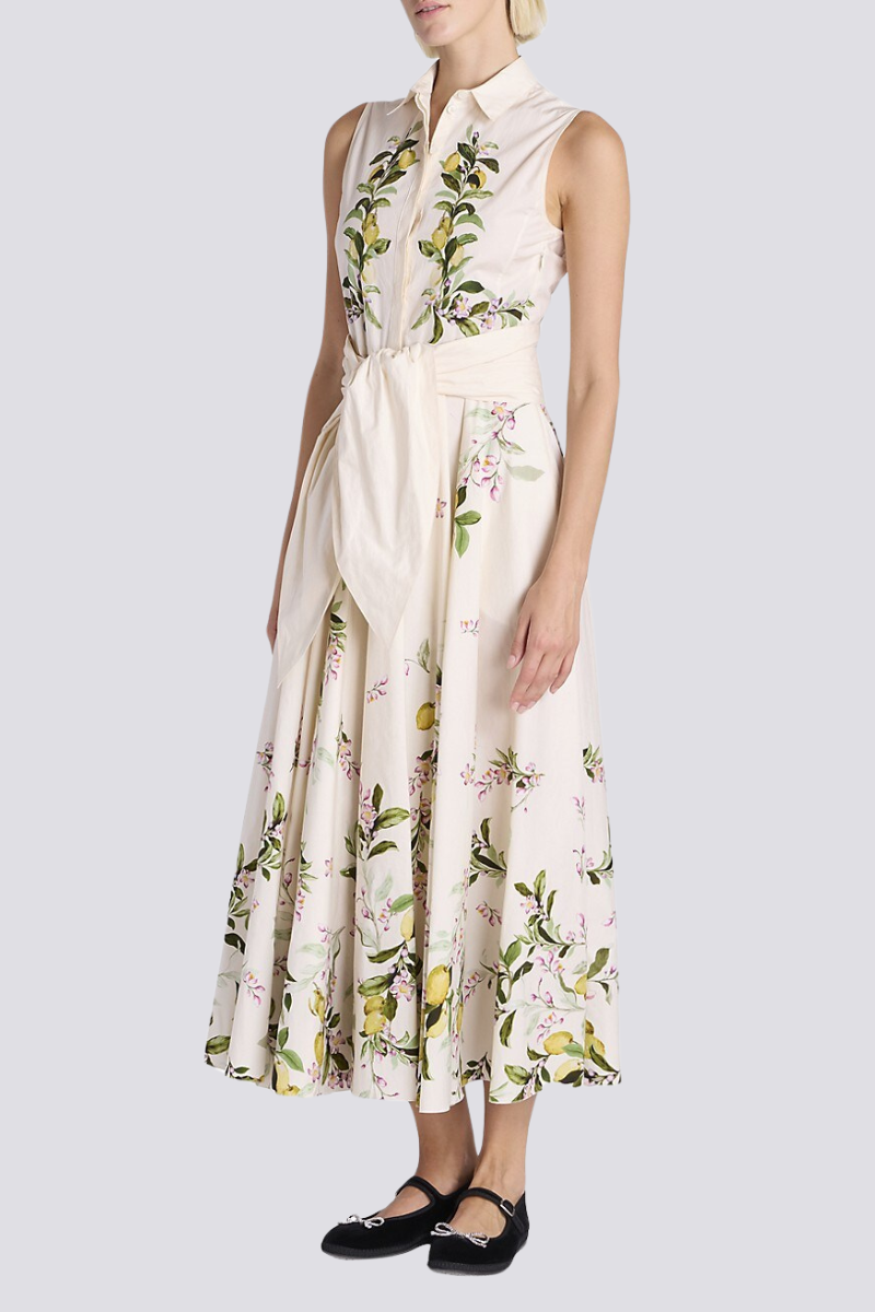 Floral Print Sleeveless Collared Tie Waist Midi Shirt Dress