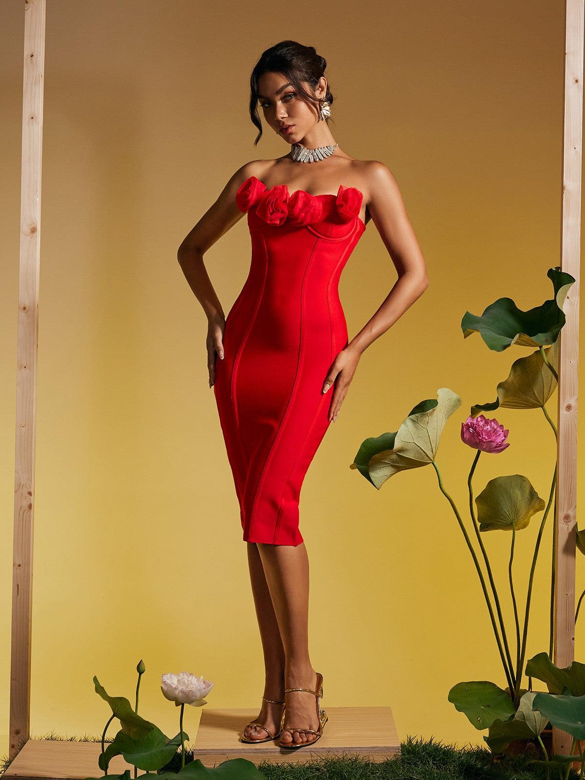 Bandage Strapless Floral Corset Midi Dress