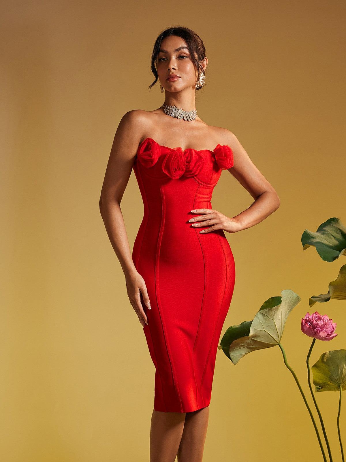 Bandage Strapless Floral Corset Midi Dress