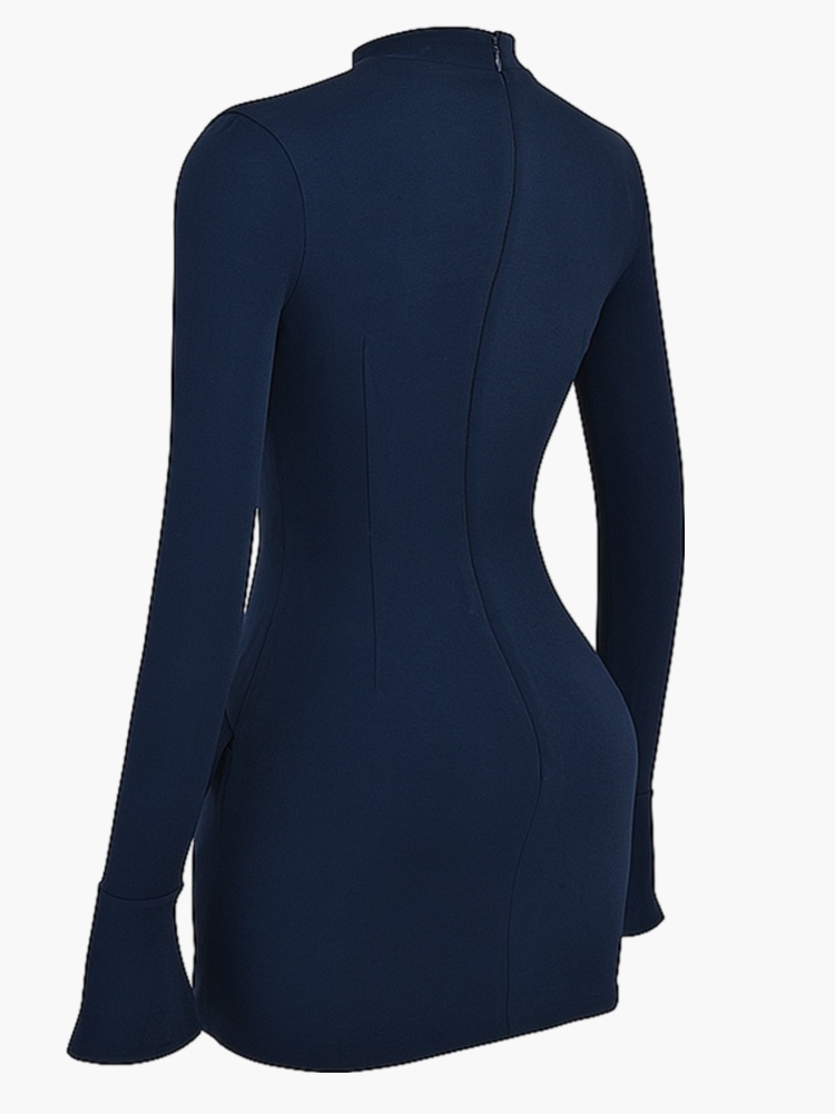 Mock Neck Long Sleeve Bell Cuff Flap Pocket Bodycon Mini Cocktail Dress