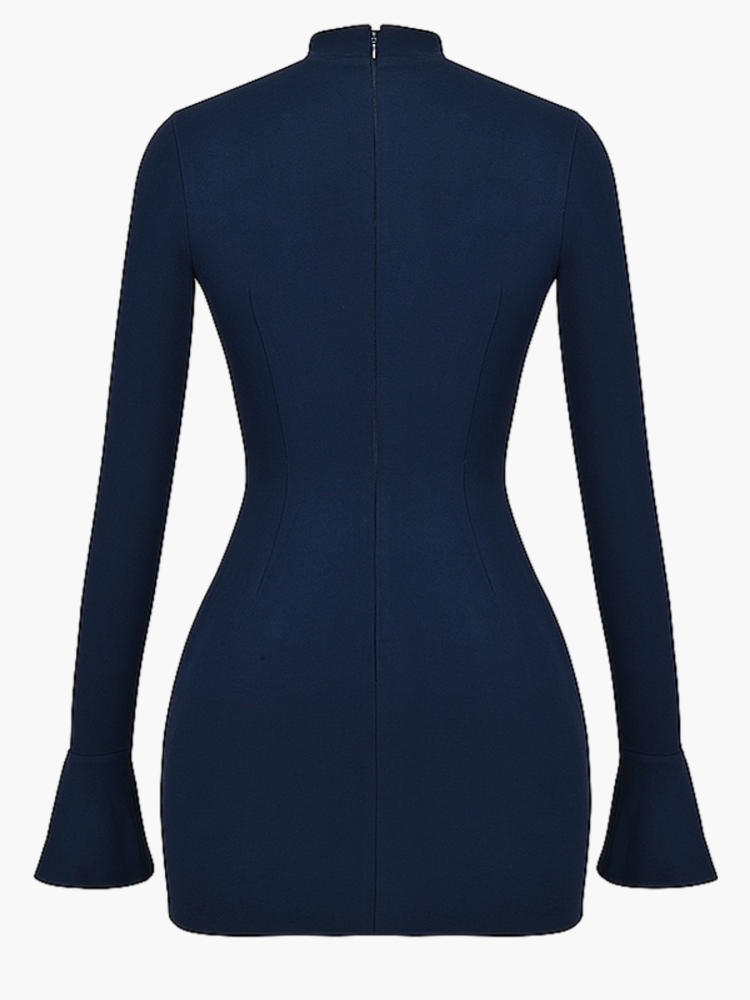 Mock Neck Long Sleeve Bell Cuff Princess Seam Mini Cocktail Dress