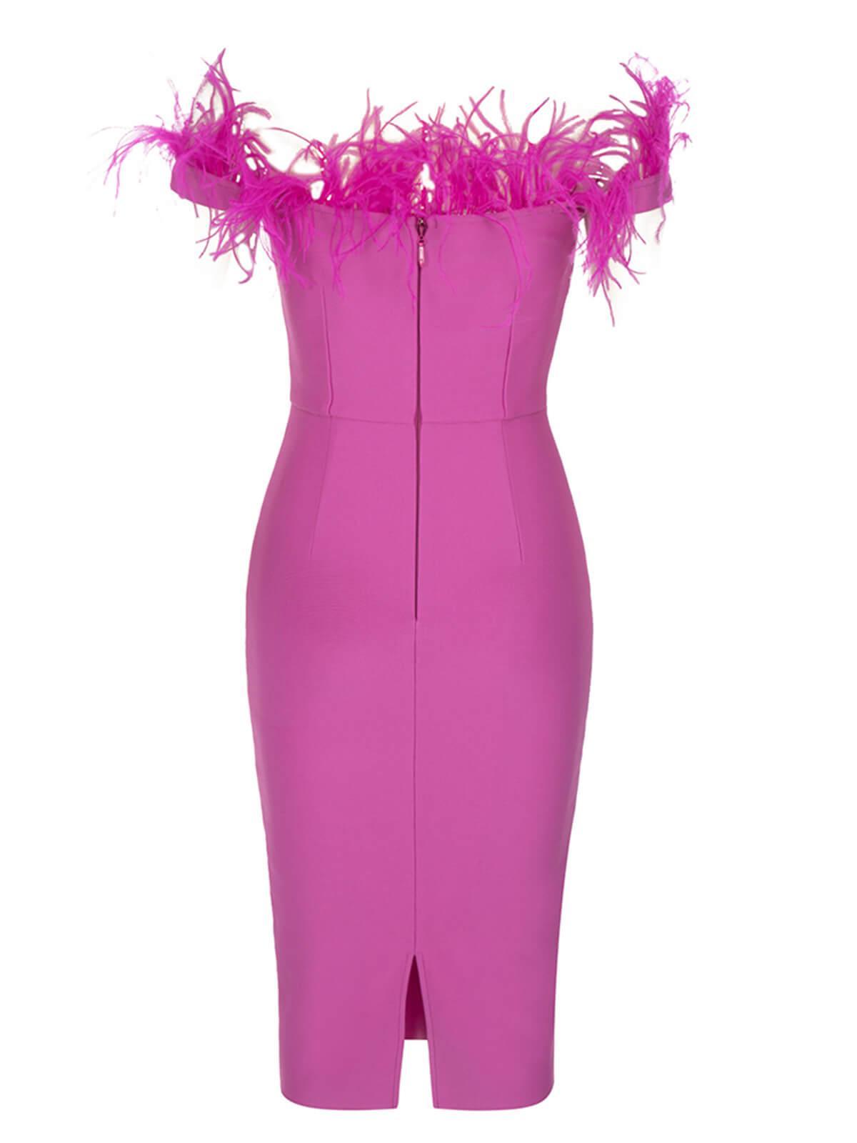 Off Shoulder Sweetheart Feather Trim Corset Bandage Midi Dress