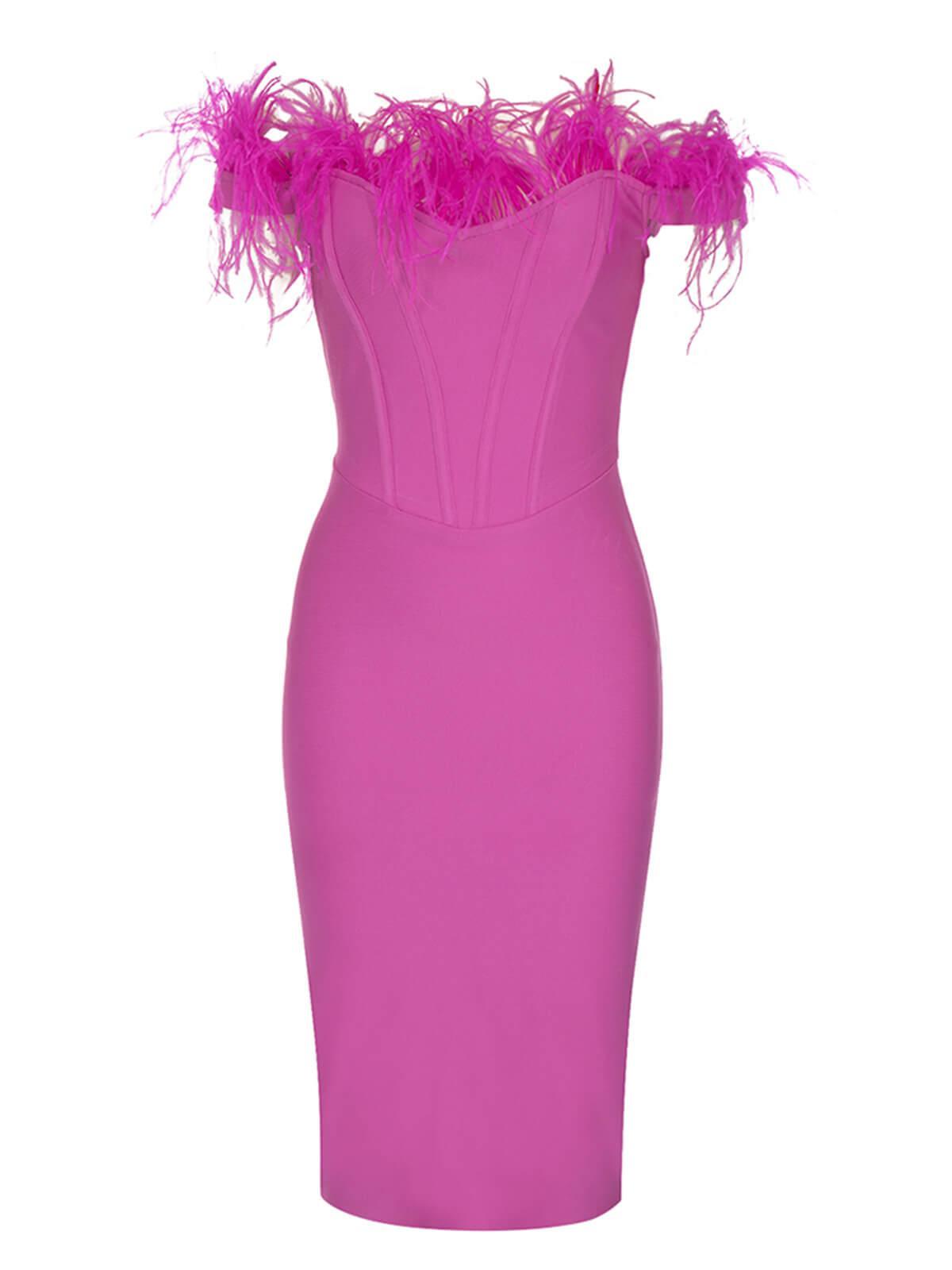 Off Shoulder Sweetheart Feather Trim Corset Bandage Midi Dress