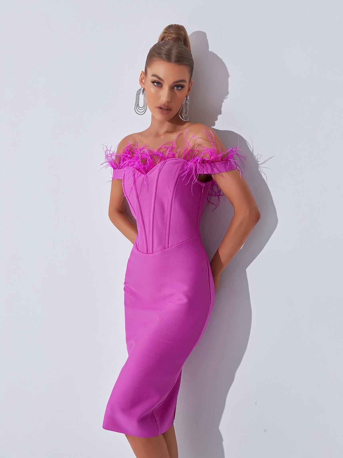 Off Shoulder Sweetheart Feather Trim Corset Bandage Midi Dress