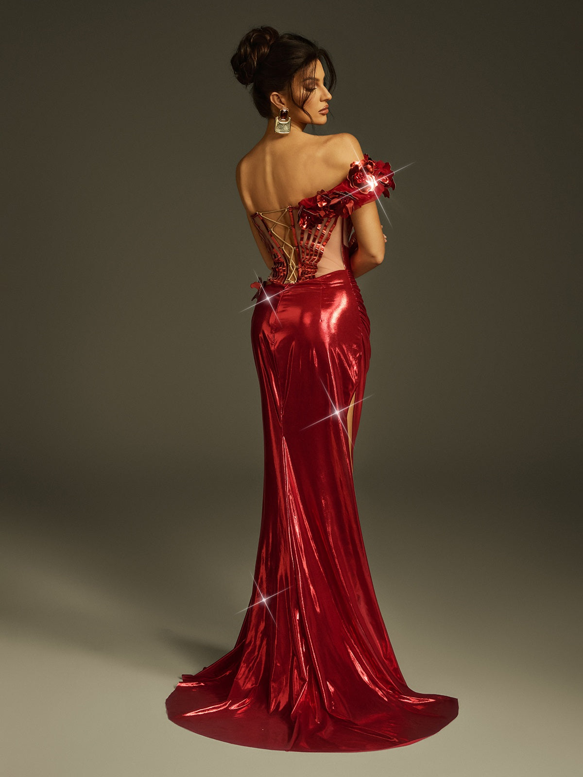 One Shoulder Corset Mesh Cage 3D Floral High Split Metallic Maxi Gown