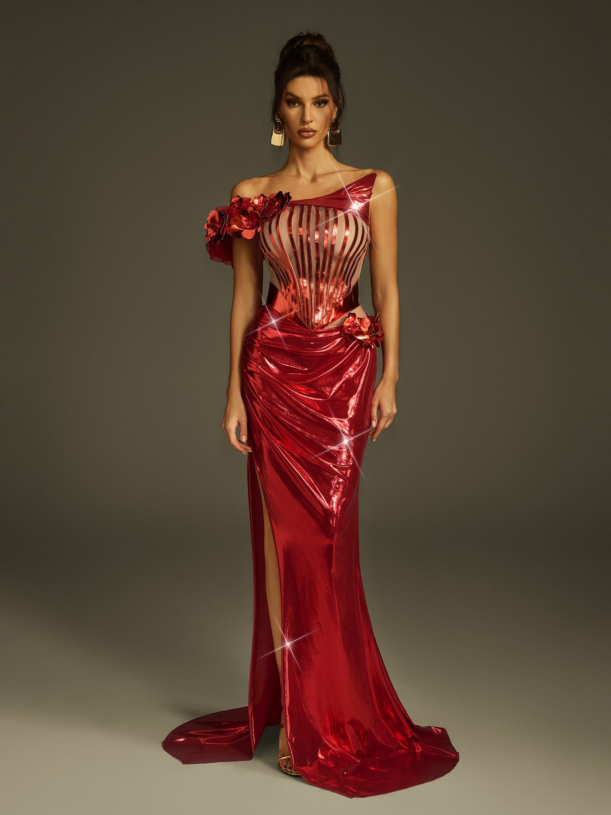 One Shoulder Corset Mesh Cage 3D Floral High Split Metallic Maxi Gown