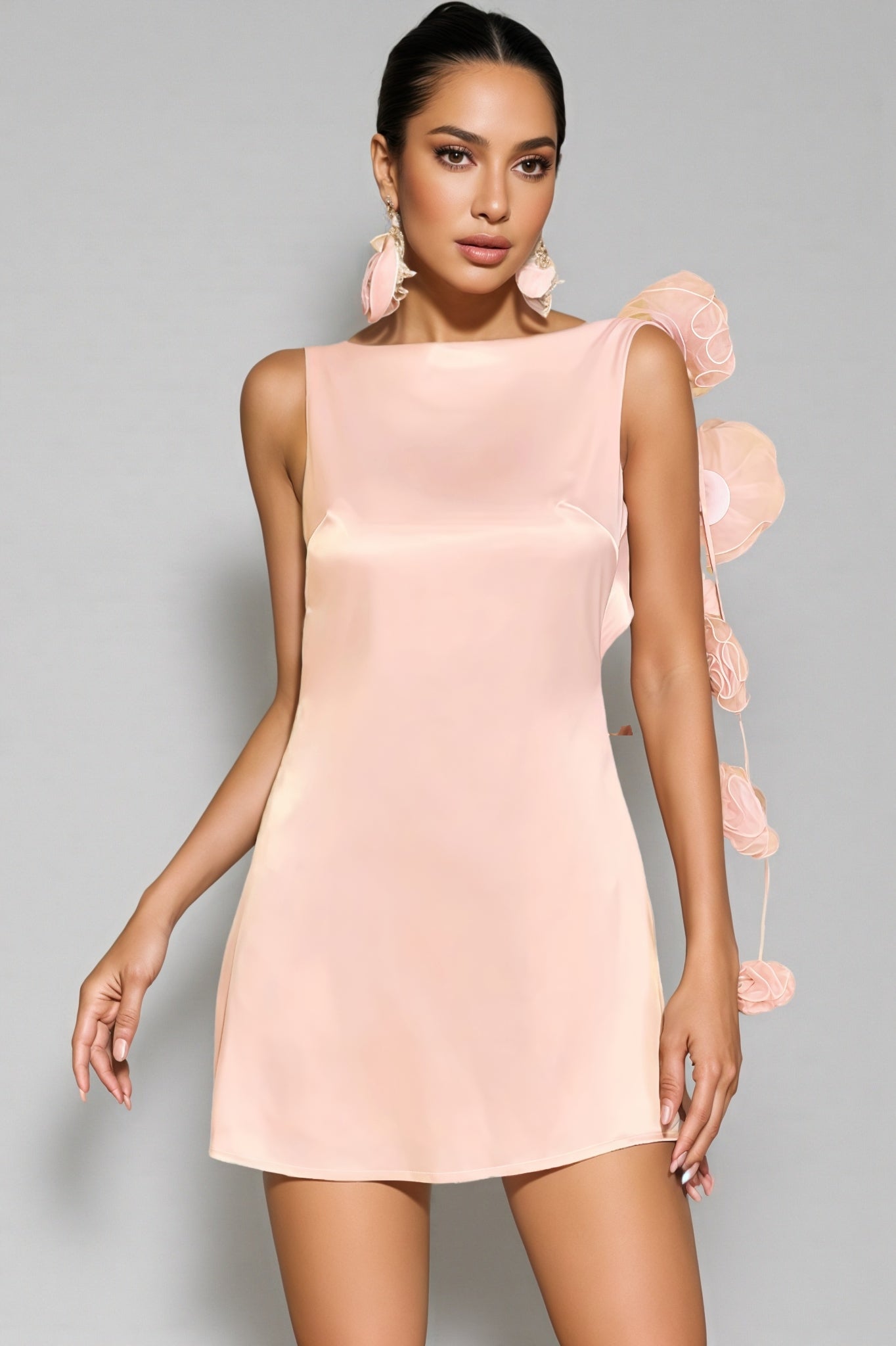 Flower Satin Backless Mini Dress