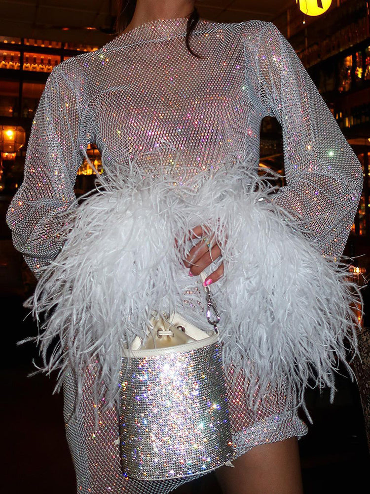 Rhinestone Long Sleeve Feather Cuff Bodycon Mini Party Dress - View 2