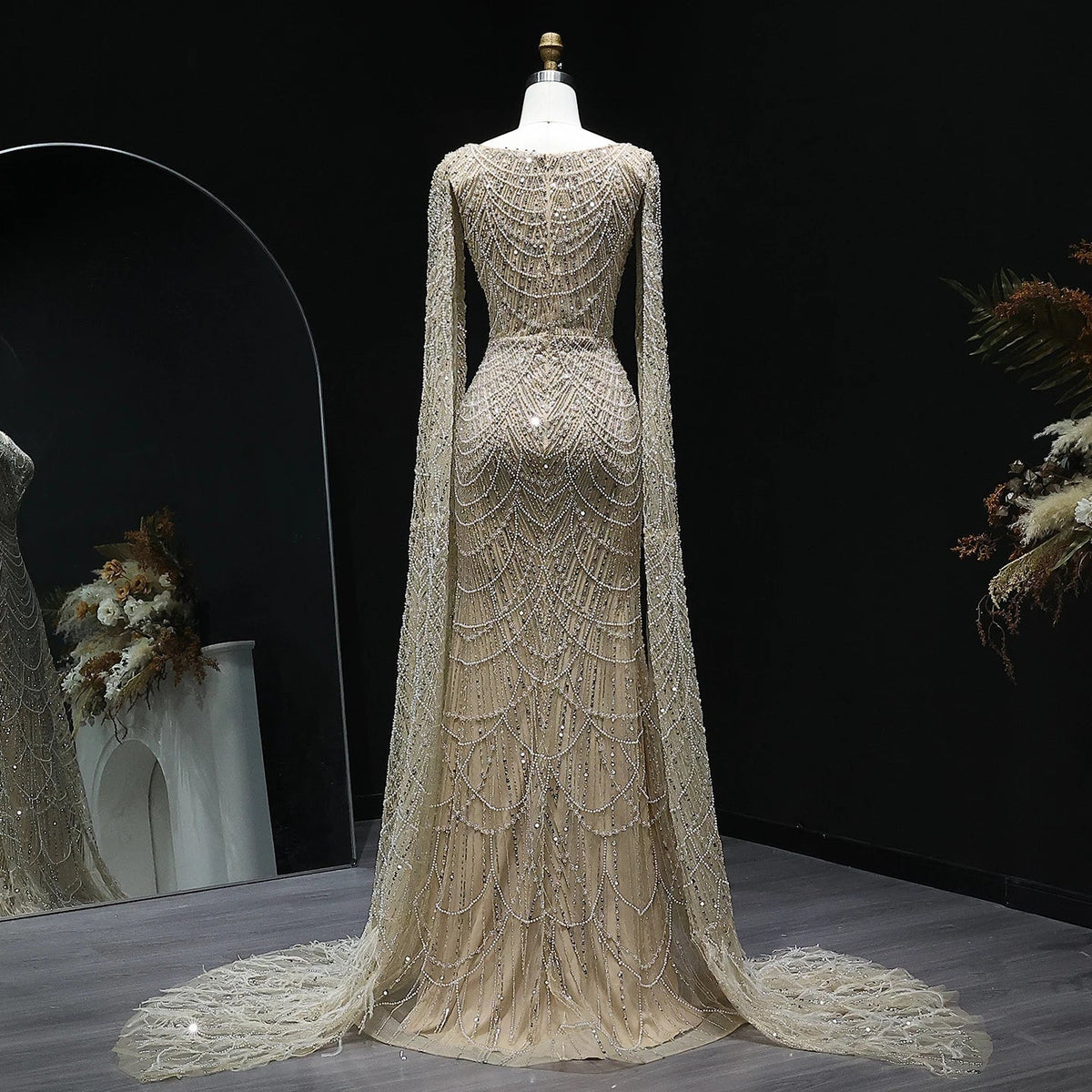 White Feather Mermaid Evening Dresses Cape Sleeves - View 4