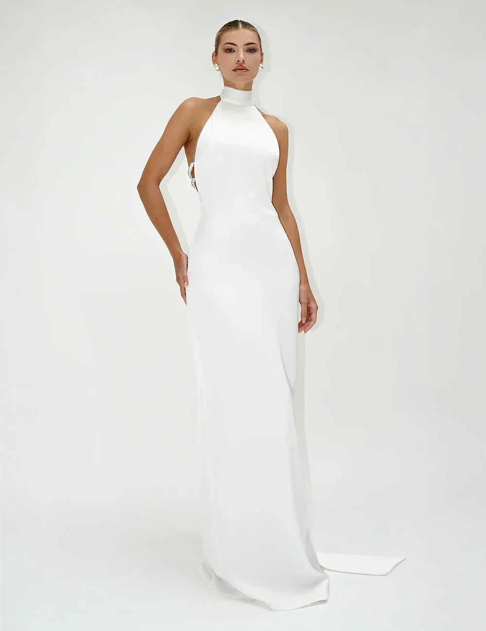 Satin Halter Neck Backless Pearl Strap Maxi Gown
