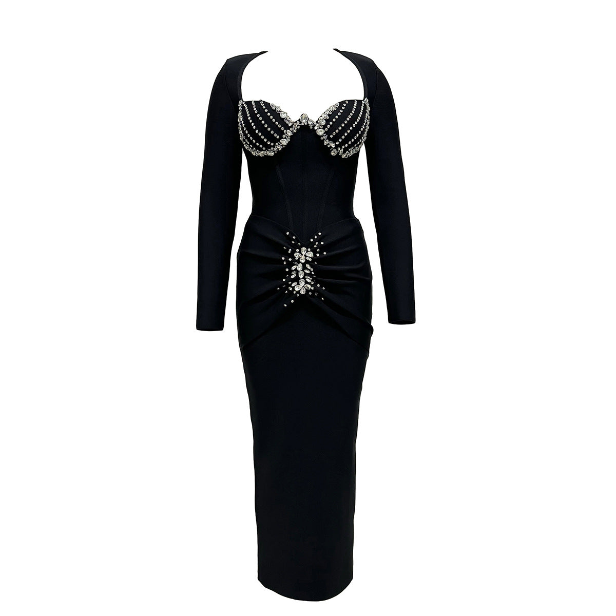 Rhinestone Long Sleeve Sweetheart Corset Bodycon Maxi Gown