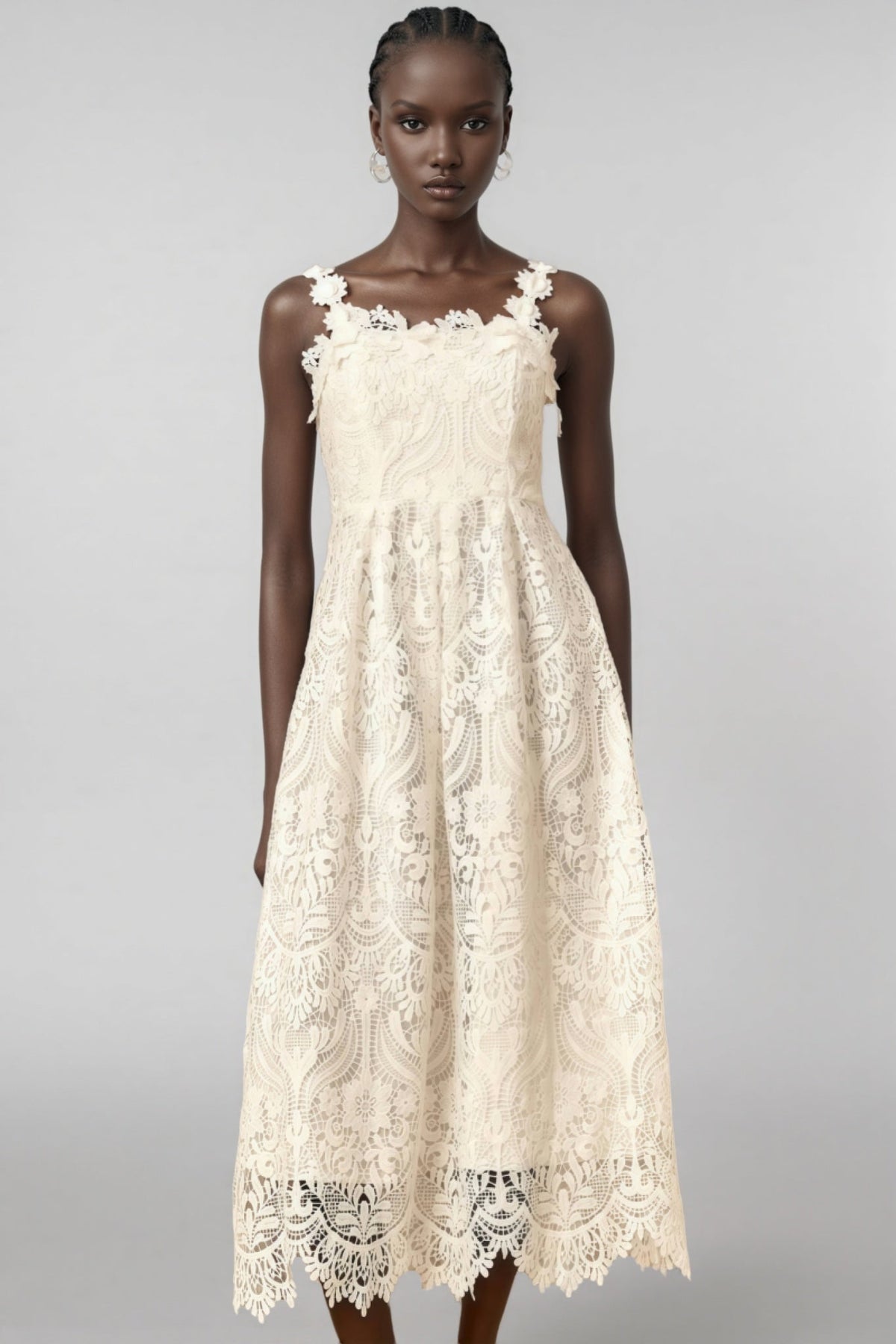 Lace Floral Applique Strap Scalloped Hem A-Line Midi Dress 5