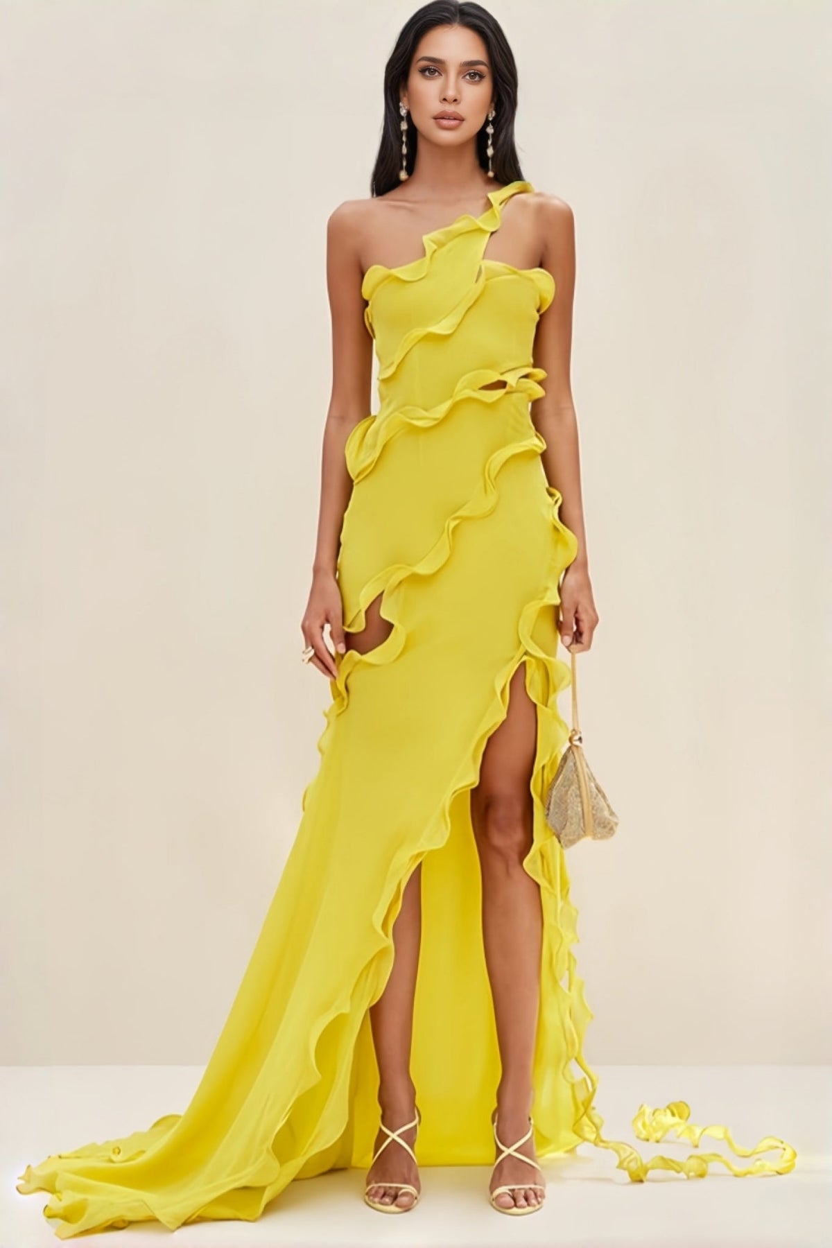 One Shoulder Ruffle Trim Cut Out High Split Chiffon Maxi Dress