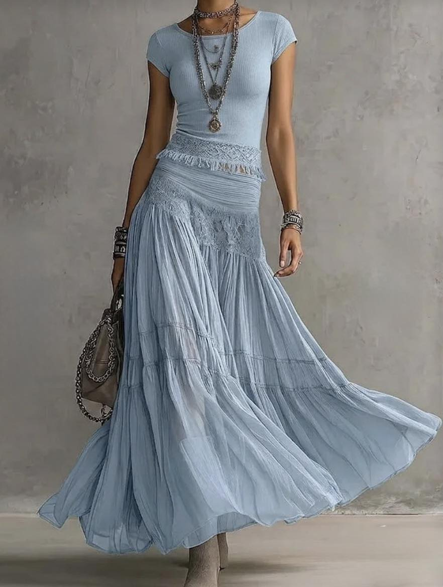 Short Sleeve Top and Lace Panel Tiered Maxi Skirt Two Piece Set