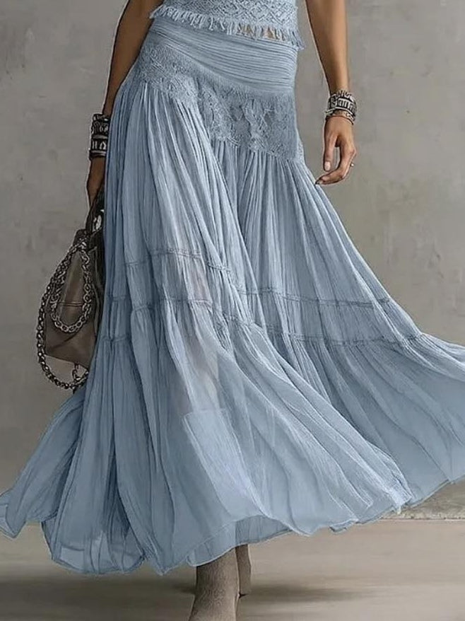 Short Sleeve Top and Lace Panel Tiered Maxi Skirt Two Piece Set