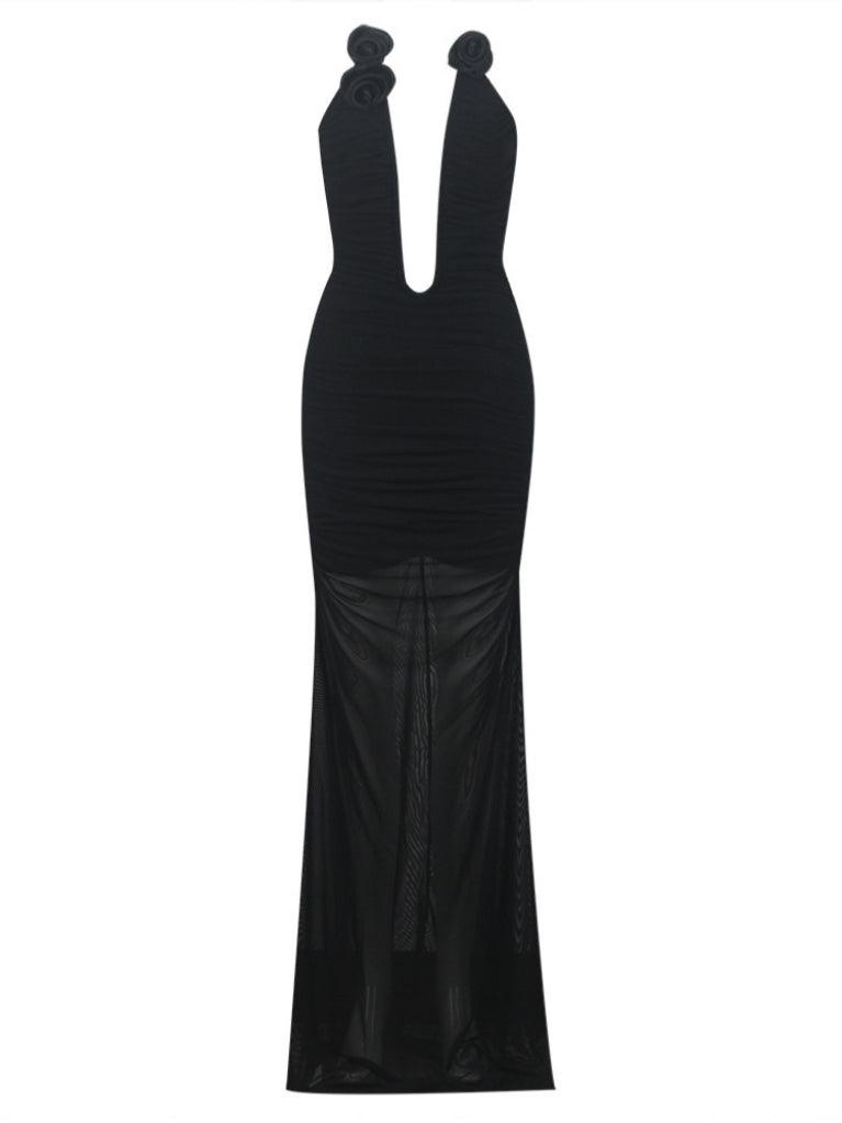 Strapless Flower Bandage Maxi Dress In Black - View 6