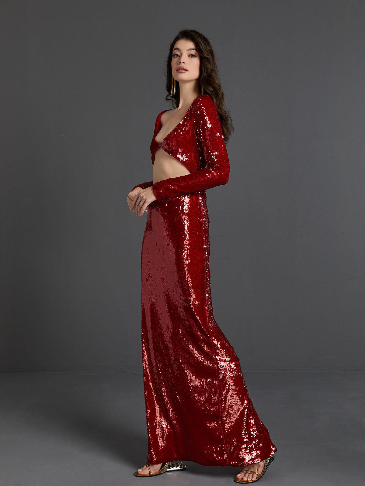 Sequin V-Neck Long Sleeve Backless Bodycon Maxi Dress - View 4