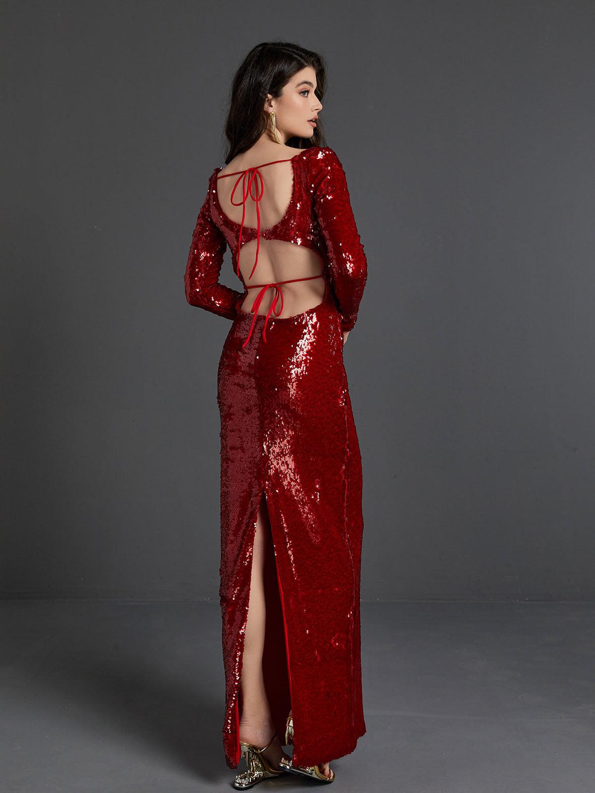 Sequin V-Neck Long Sleeve Backless Bodycon Maxi Dress - View 5
