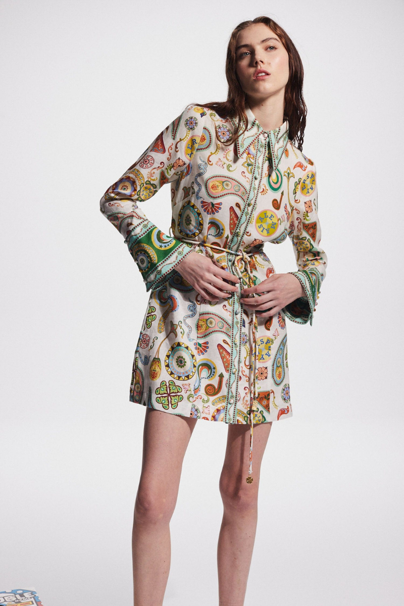 Paisley Collar Long Sleeve Belted Mini Dress