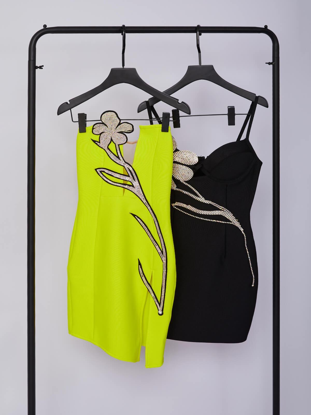 Rhinestone Floral Sweetheart Keyhole Cut Out Spaghetti Strap Bandage Mini Dress