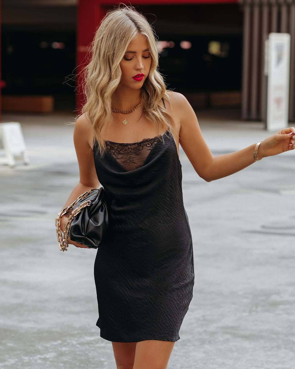 Satin Lace Trim Cowl Neck Slip Mini Dress
