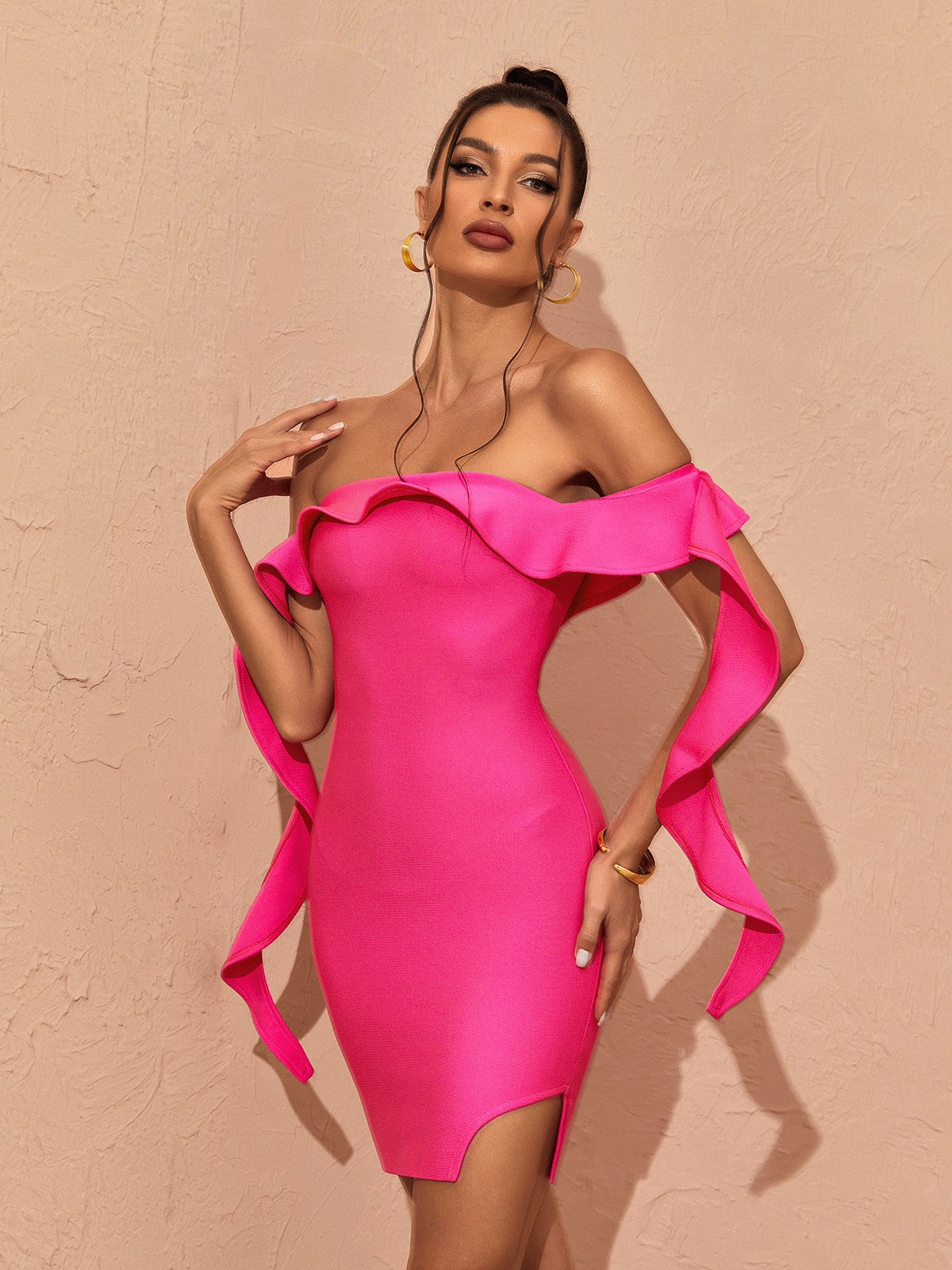 Alivia Off Shoulder Ruffle Bandage Dress In Hot Pink 4