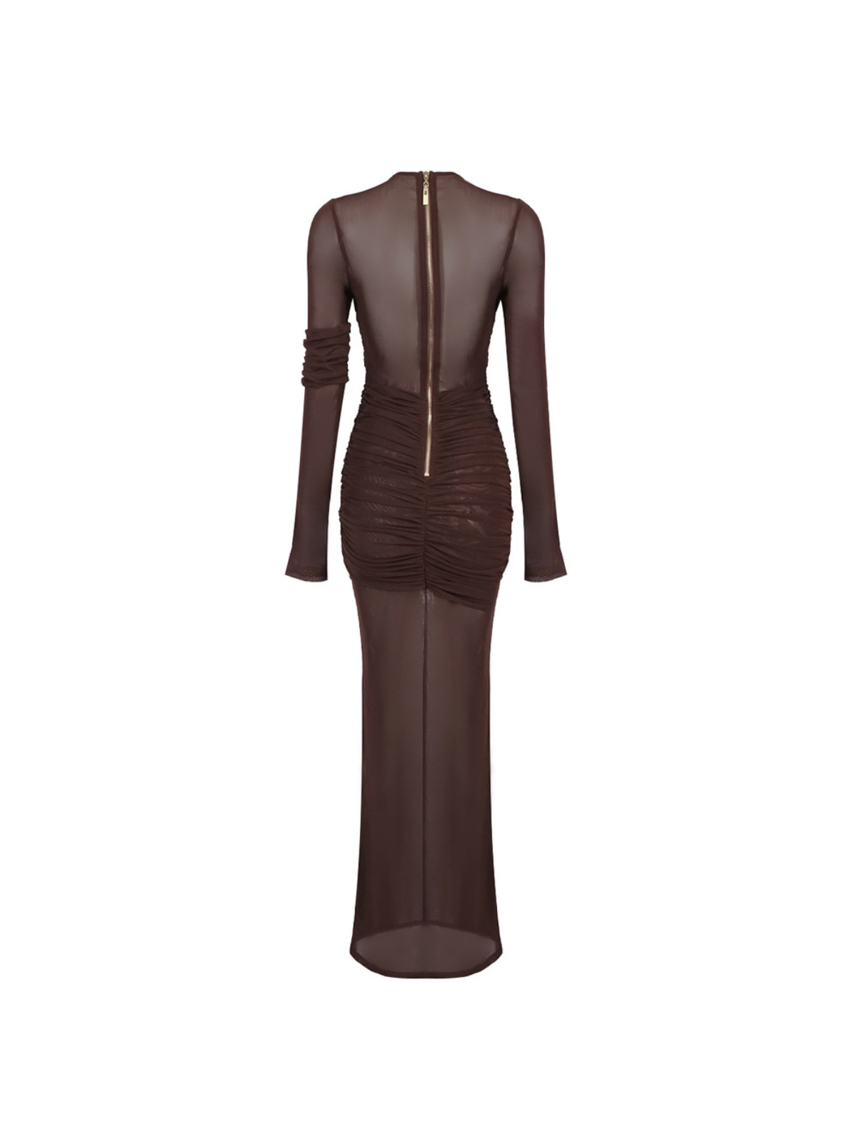 Long Sleeve Ruched Mesh Maxi Dress In Coffee - View 8