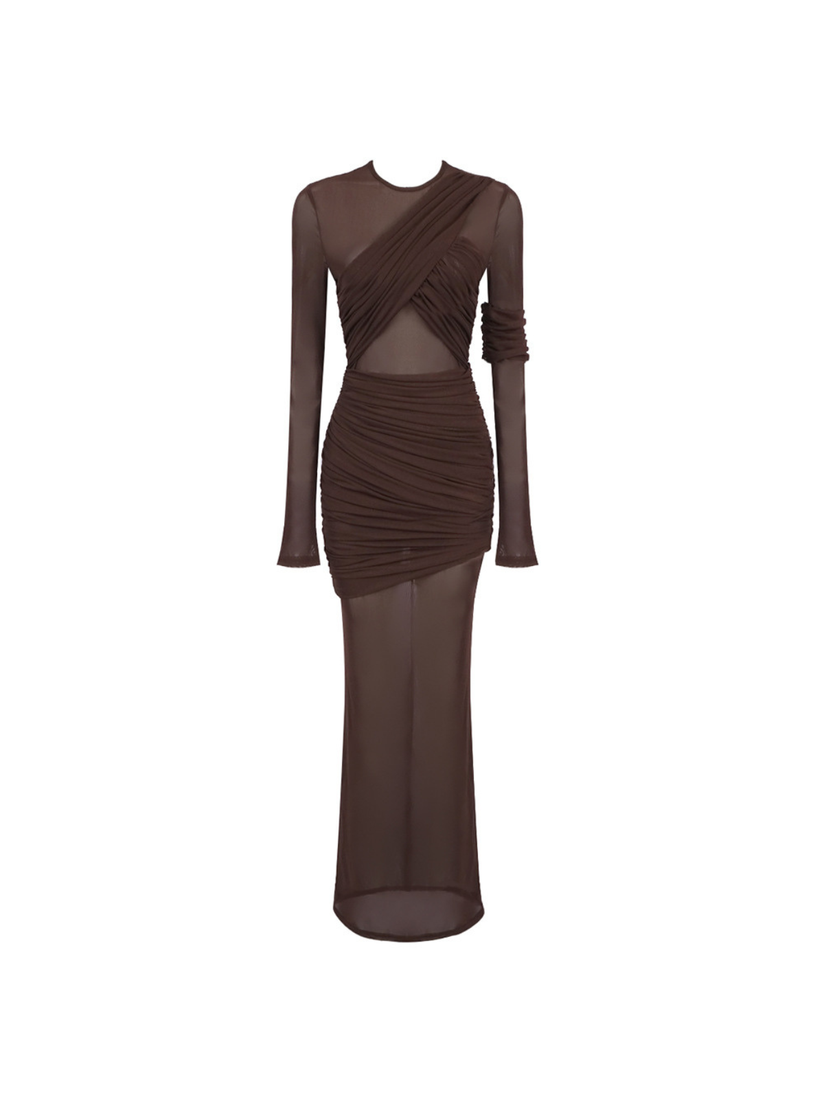 Long Sleeve Ruched Mesh Maxi Dress In Coffee - View 7
