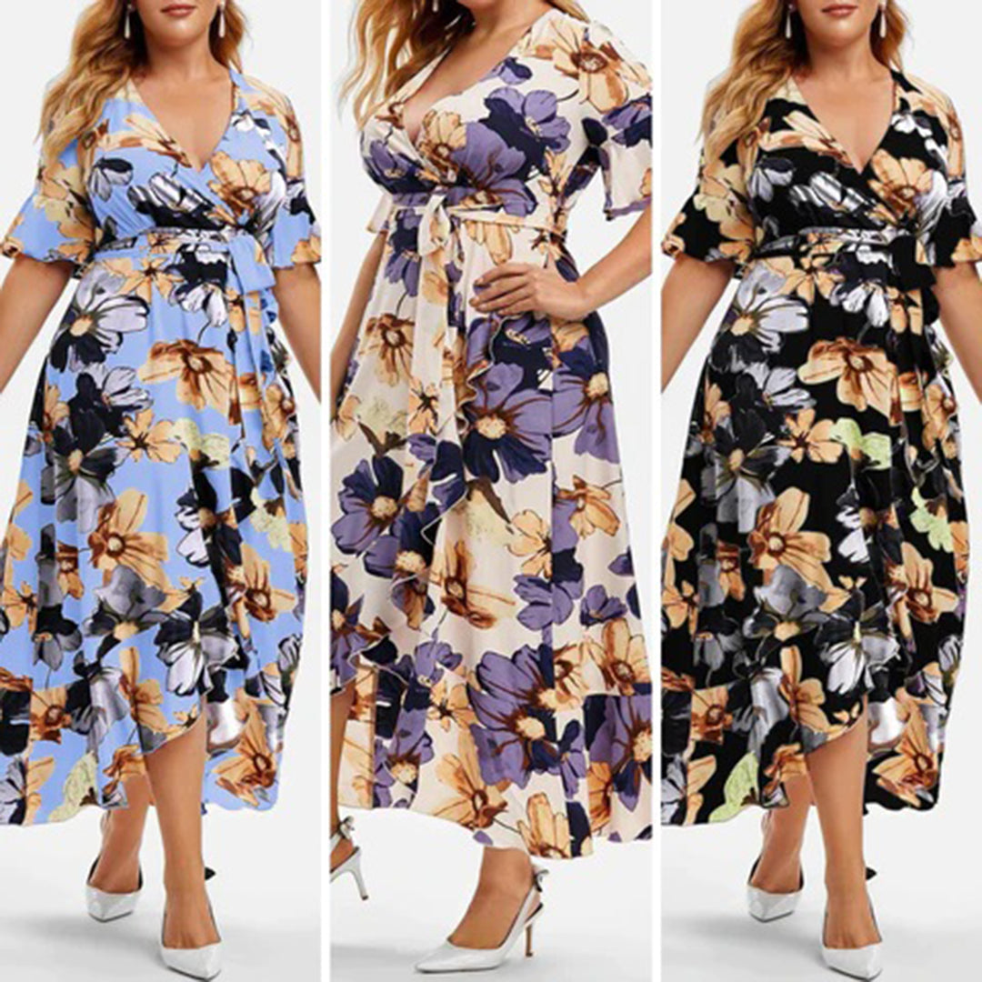 Floral V-Neck Flutter Sleeve Wrap Belted Maxi Dress