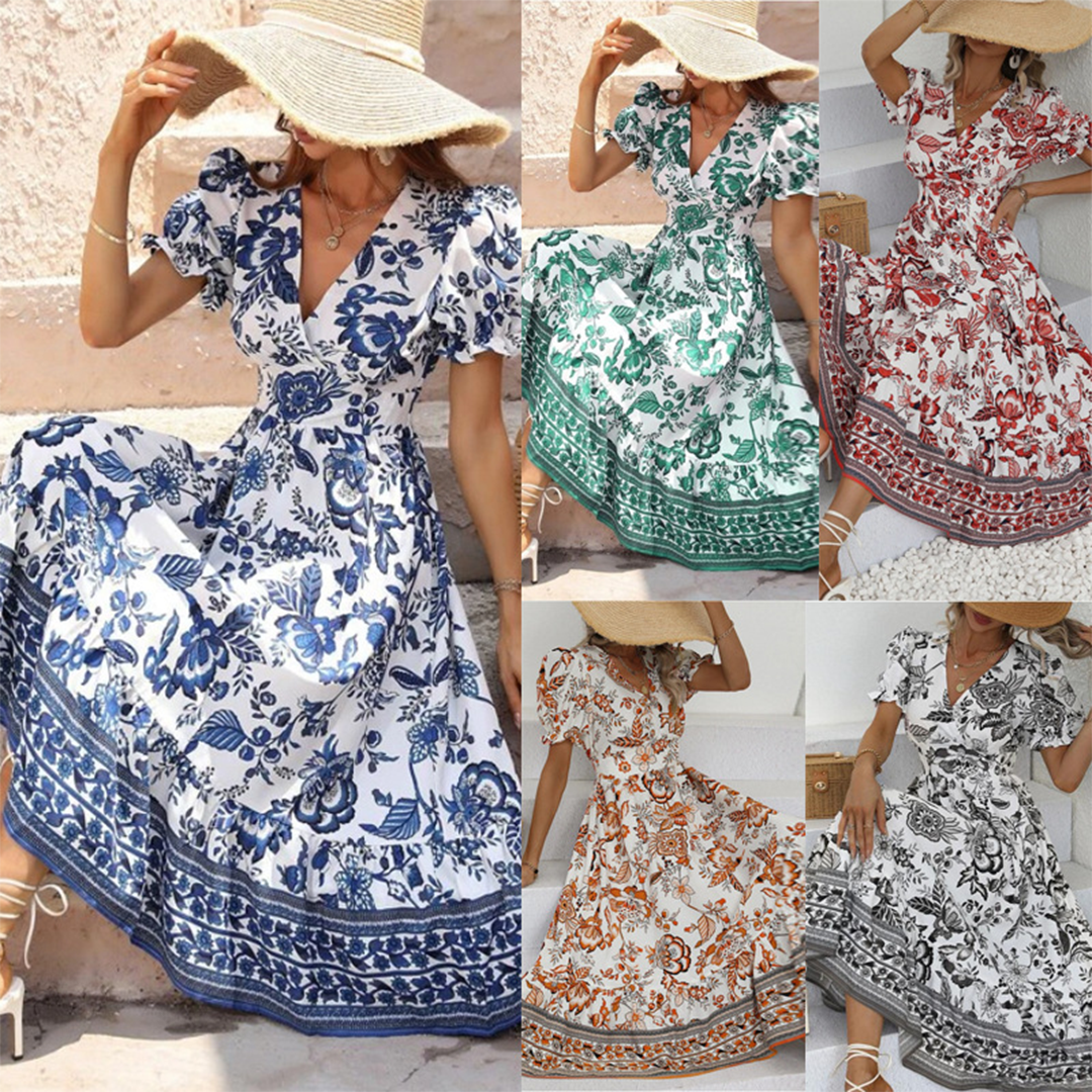Floral Print V-Neck Puff Sleeve Tiered Ruffle Hem Midi Summer Dress