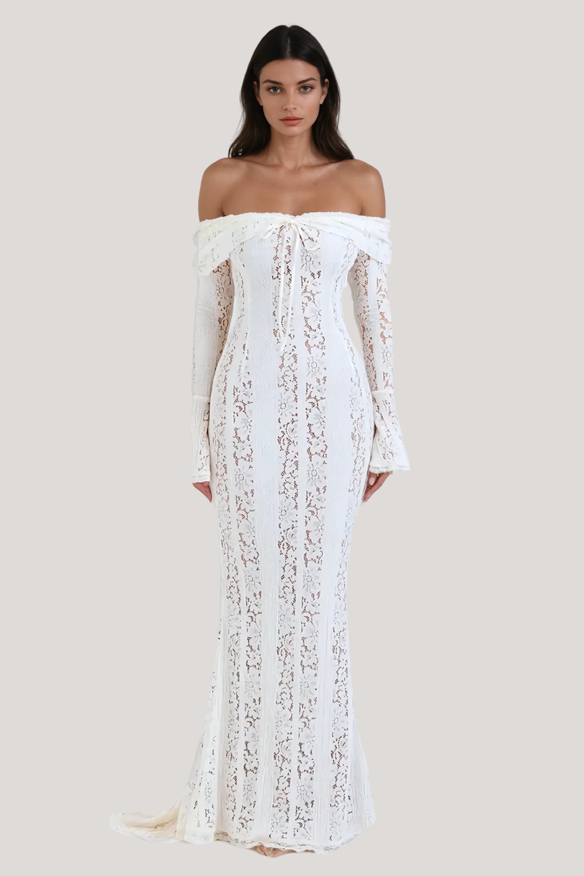 Off Shoulder Long Sleeve Tie Front Lace Panel Fishtail Maxi Gown 2