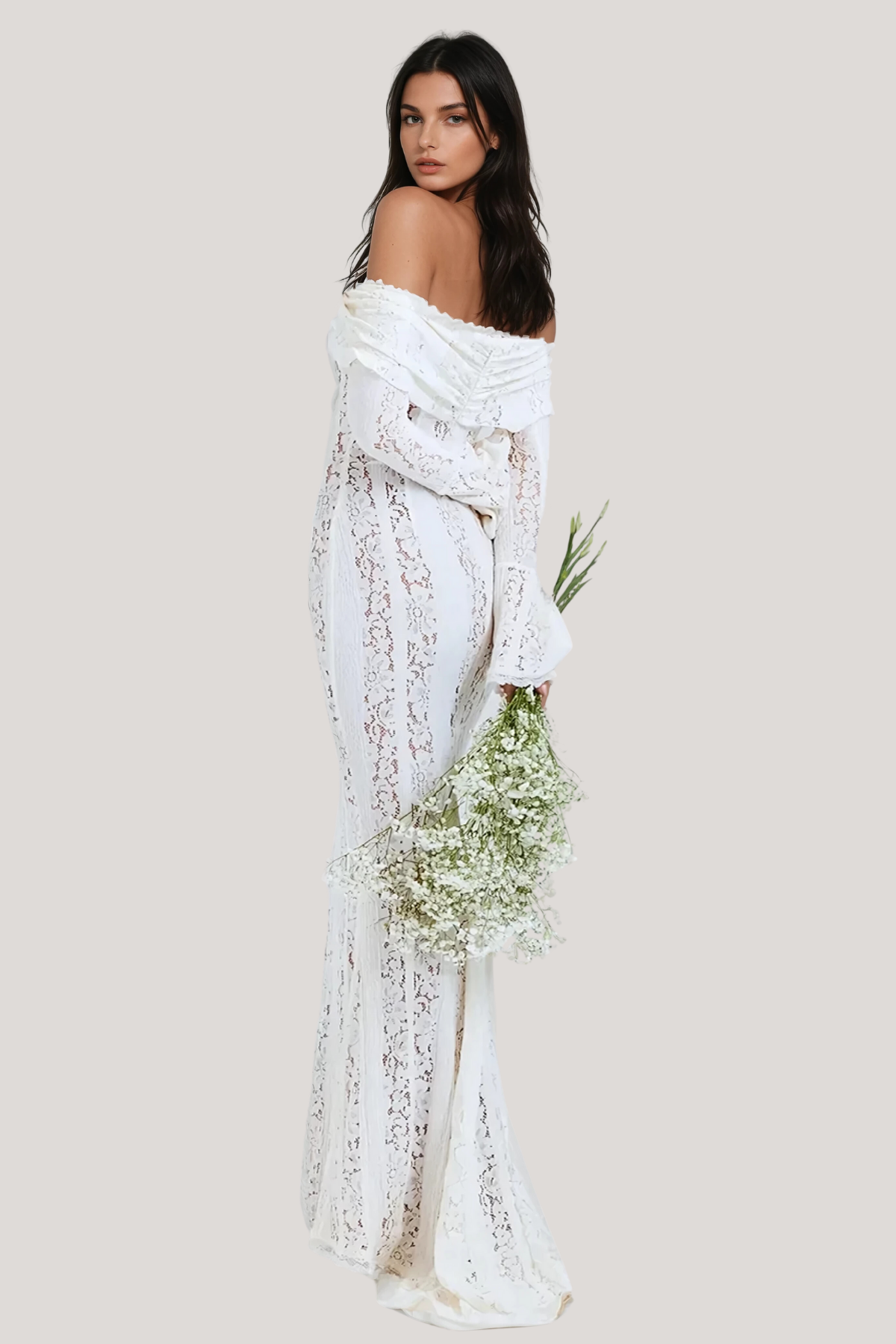 Lace Off Shoulder Long Sleeve Tie Front Mermaid Maxi Dress 4