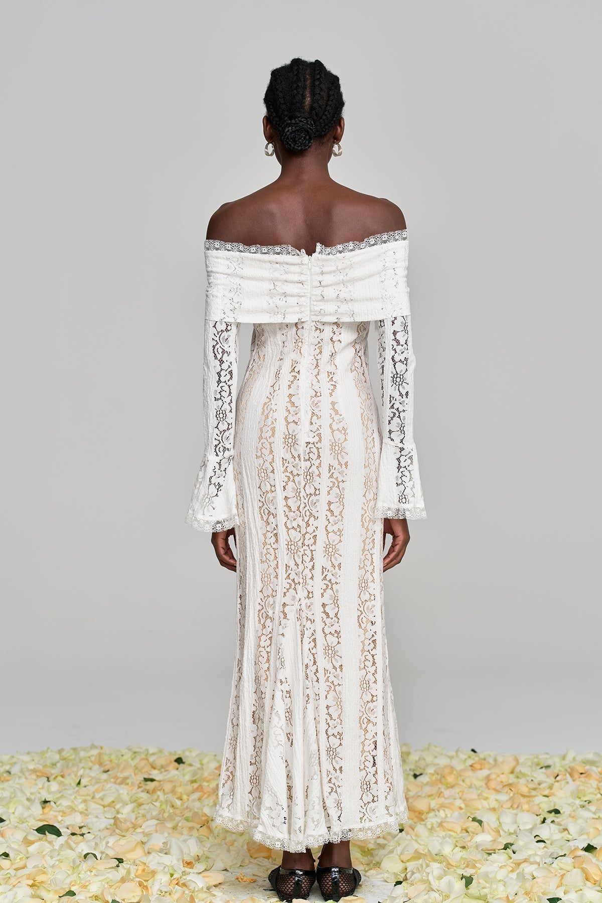 Off Shoulder Long Sleeve Tie Front Lace Panel Fishtail Maxi Gown 8
