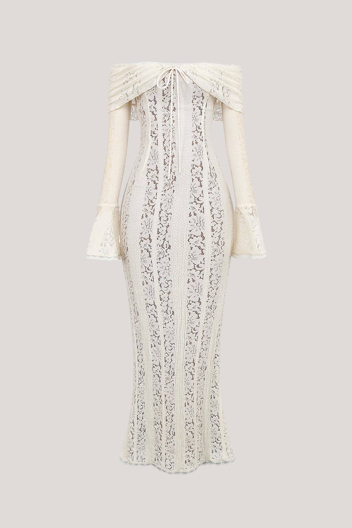 Off Shoulder Long Sleeve Tie Front Lace Panel Fishtail Maxi Gown 5