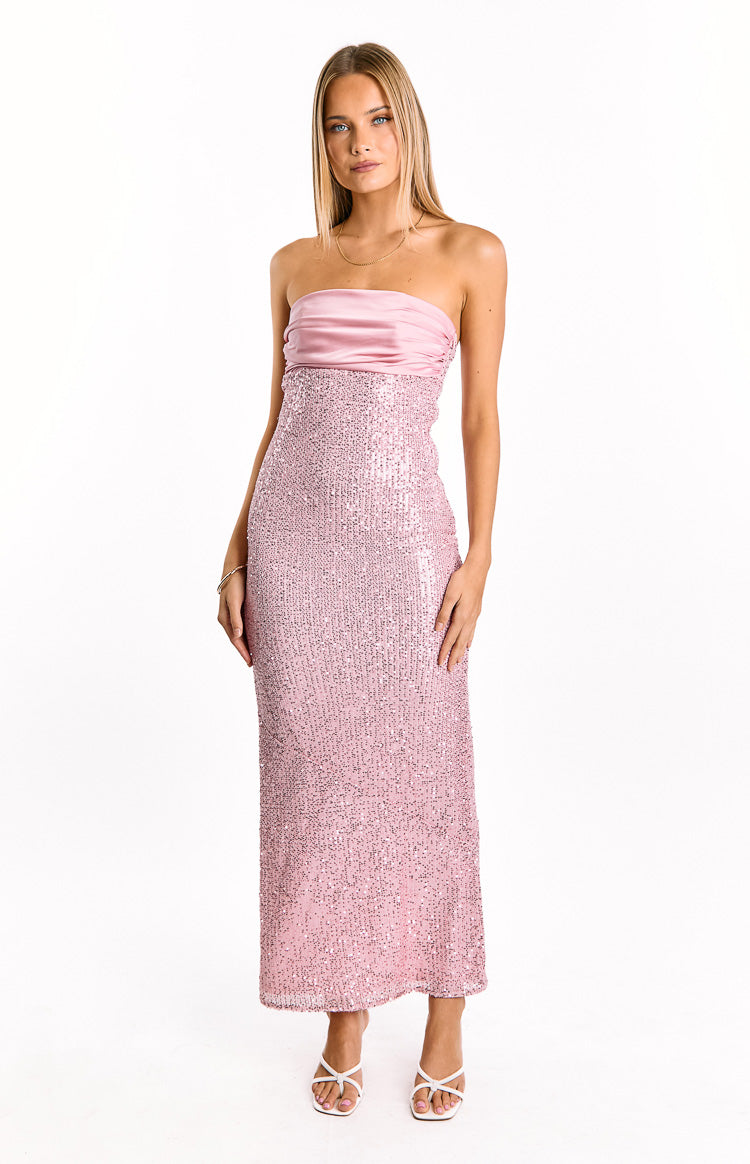 Sequin Strapless Satin Bust Column Maxi Dress 2
