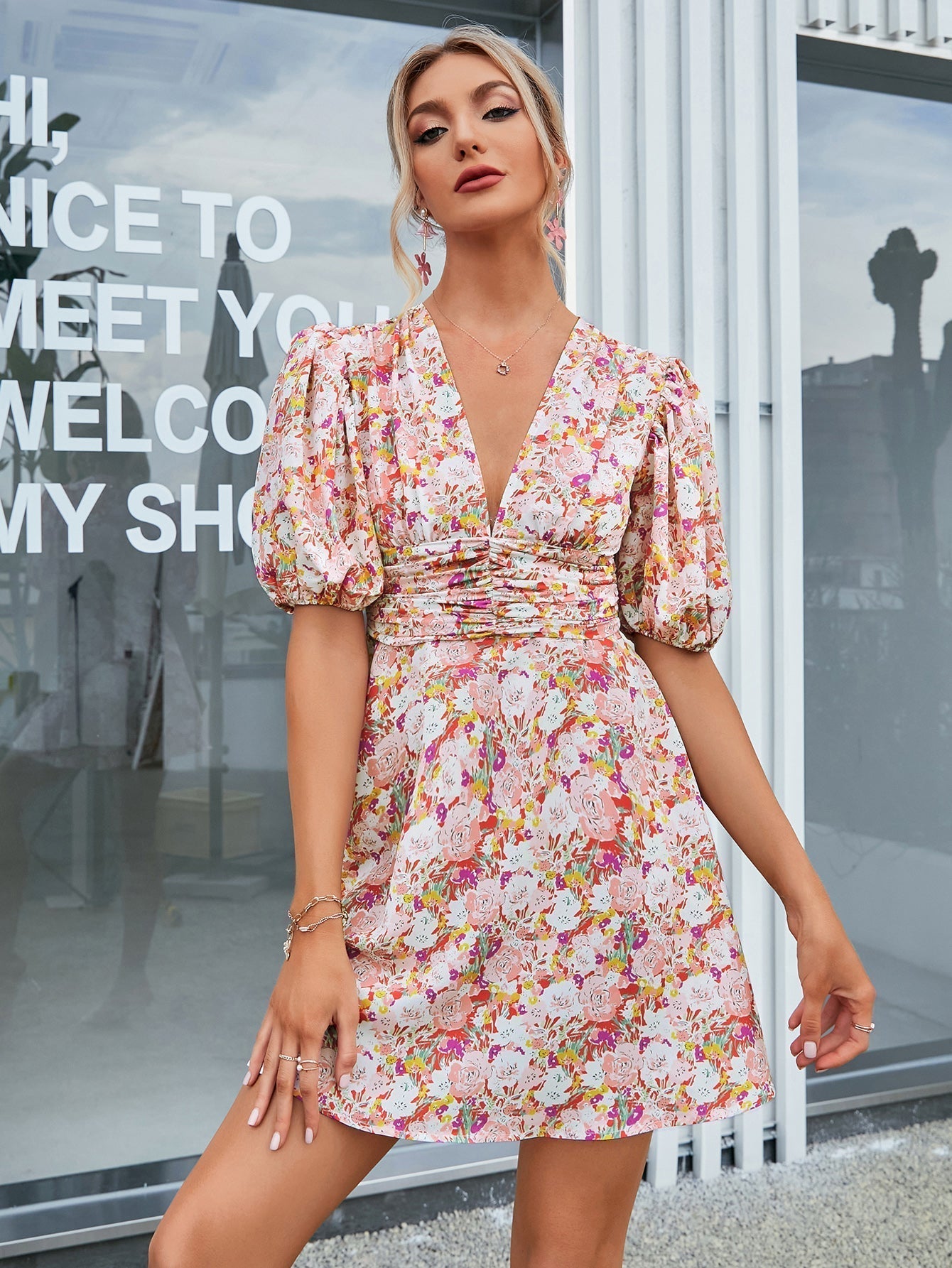 Allover Floral Print Puff Sleeve V neck Dress