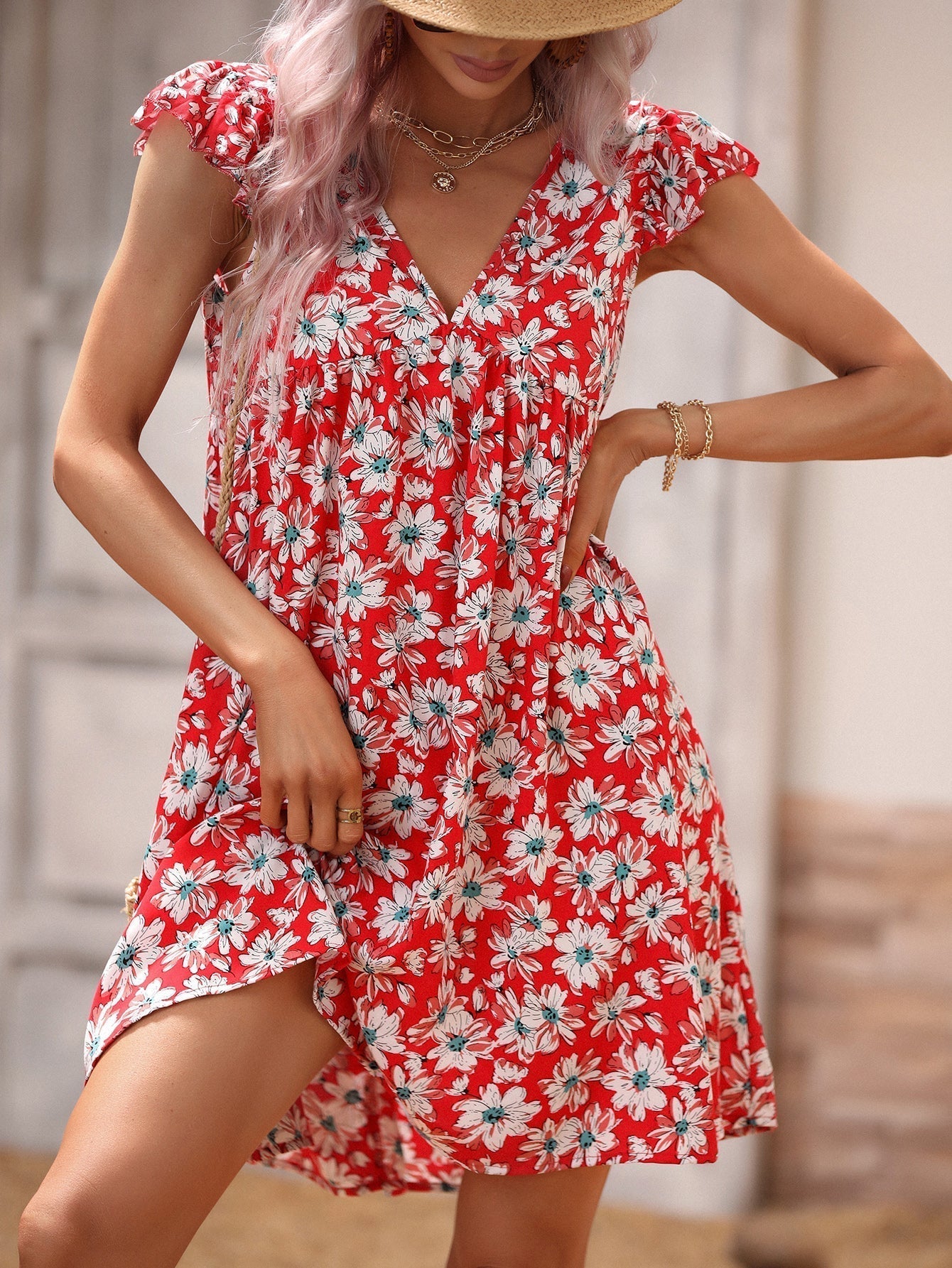 Allover Print V Neck Smocked Flare Dress