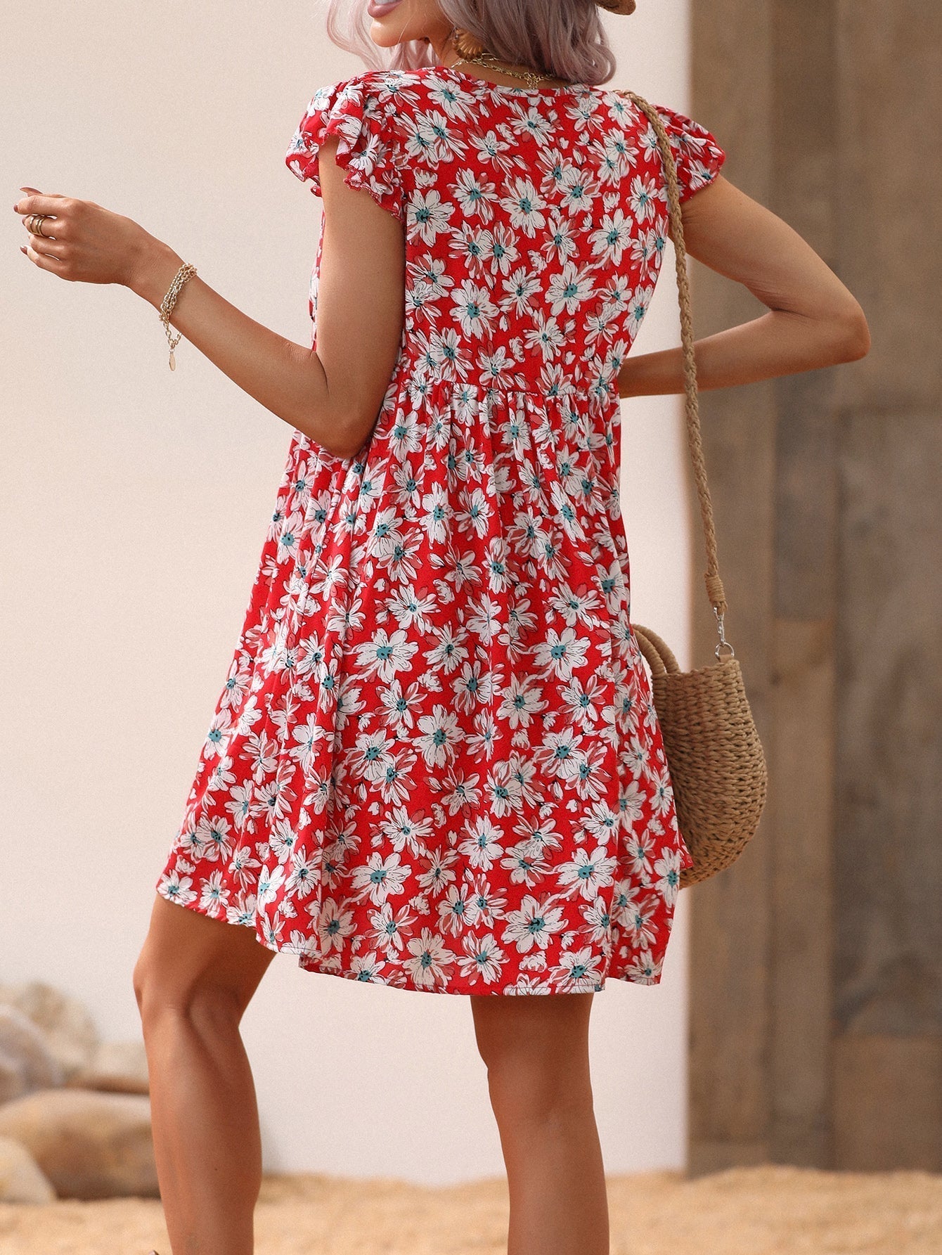 Allover Print V Neck Smocked Flare Dress