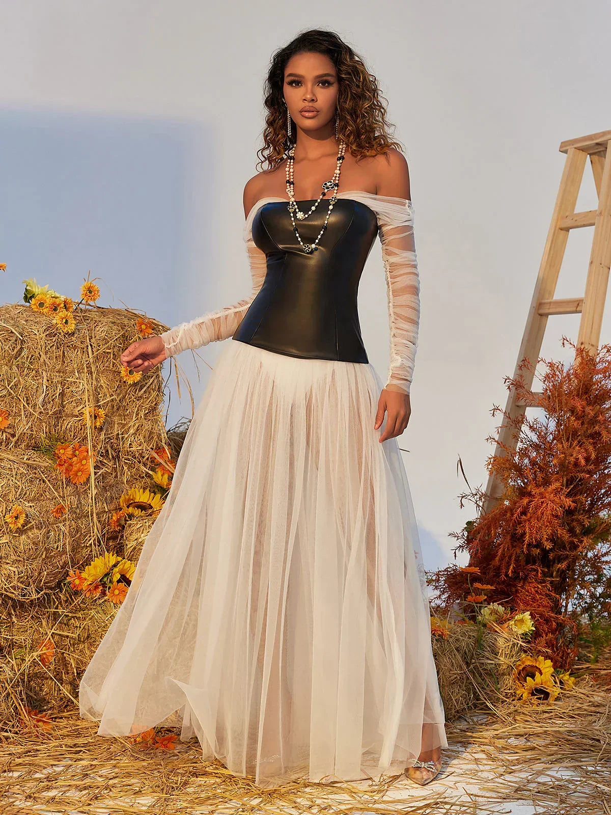 CHIC OFF SHOULDER MESH MAXI DRESS