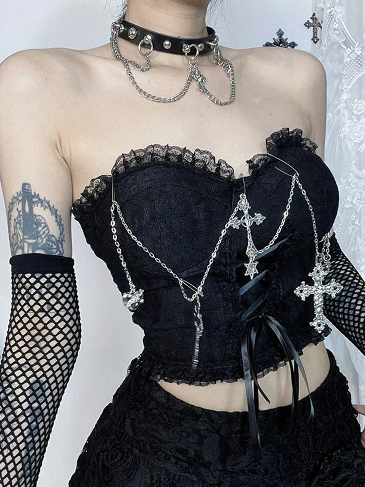 Gothic Dark Punk Harajuku Grunge Stylish Elegant Chic Trendy Lace-Up Crop Top Black / S