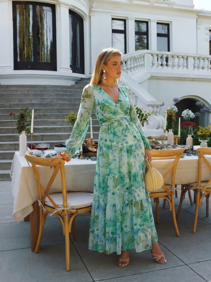 Floral V-Neck Long Sleeve Tiered Maxi Dress