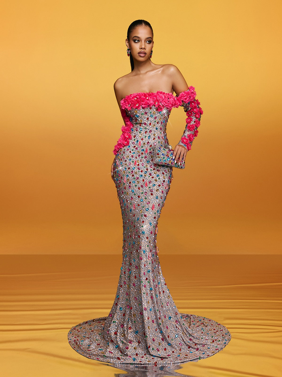 Off Shoulder Flower Crystal Maxi Dress - View 3