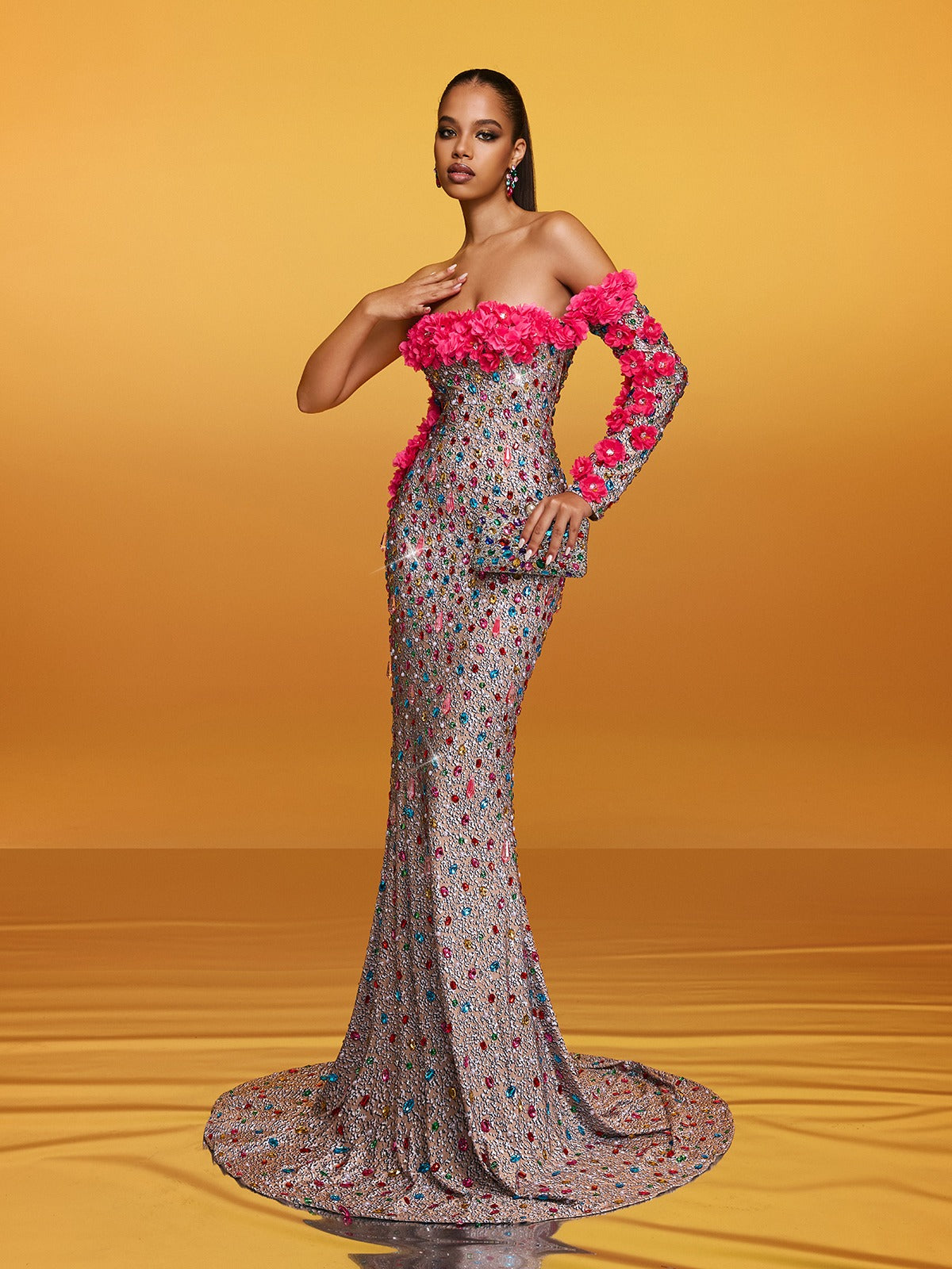 Off Shoulder Flower Crystal Maxi Dress - View 4