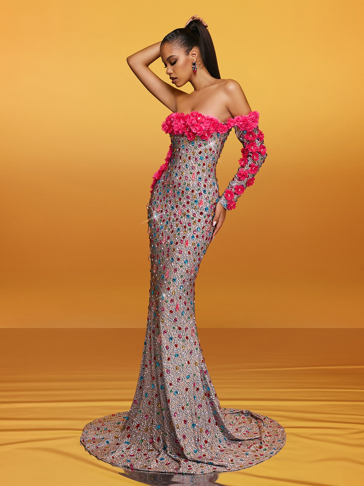 Off Shoulder Flower Crystal Maxi Dress - View 5