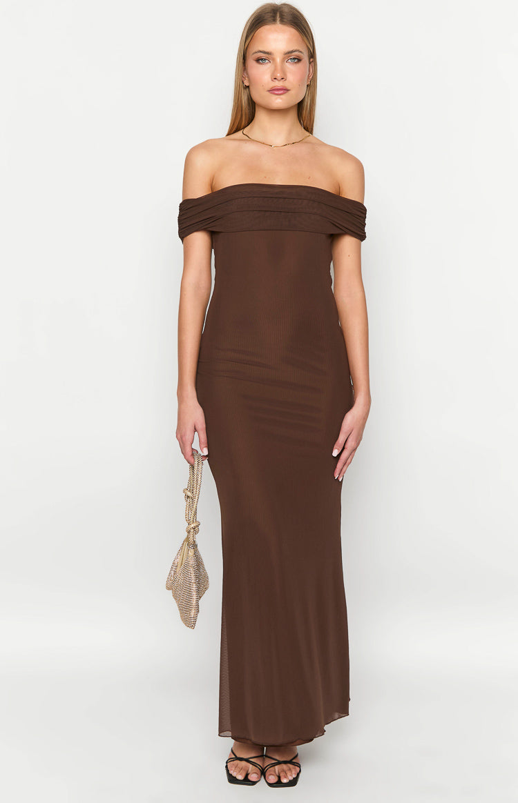 Mesh Off Shoulder Fold Over Neckline Bodycon Maxi Dress 2