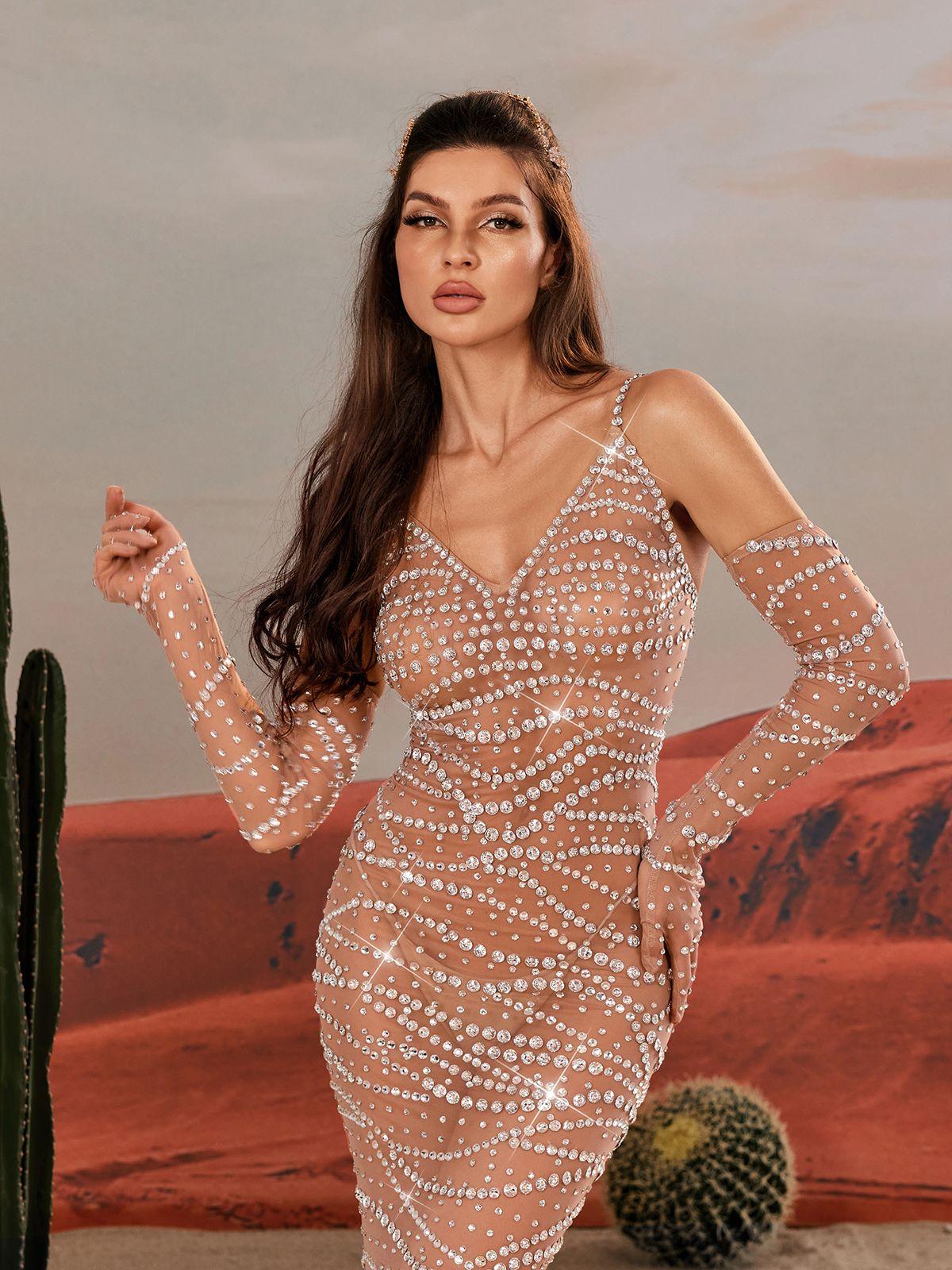 Spaghetti Rhinestone Mesh Maxi Dress - View 2