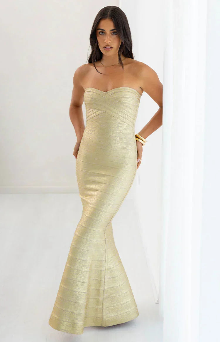 Metallic Foil Bandage Strapless Sweetheart Mermaid Maxi Gown 12