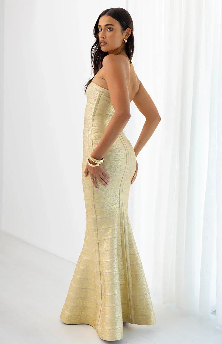 Metallic Foil Bandage Strapless Sweetheart Mermaid Maxi Gown 14