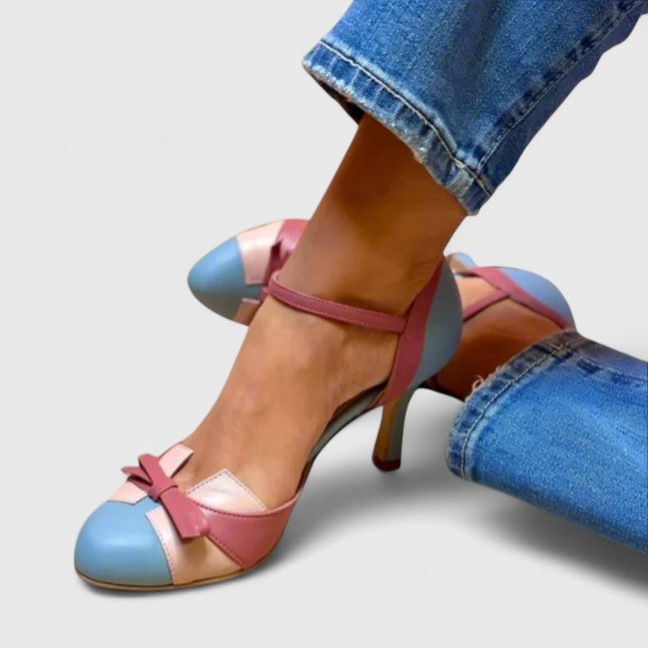 Round Toe T-Strap Bow Stiletto Heel Pumps